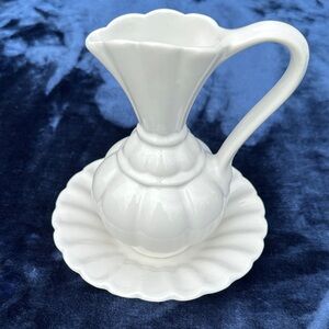 Vintage White Pitcher with Matching Scalloped Saucer Made in Portugal
